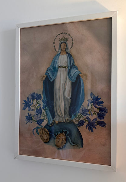 N. Senhora das Graças - Aquarela - Quadro tradicional com vidro acrílico
