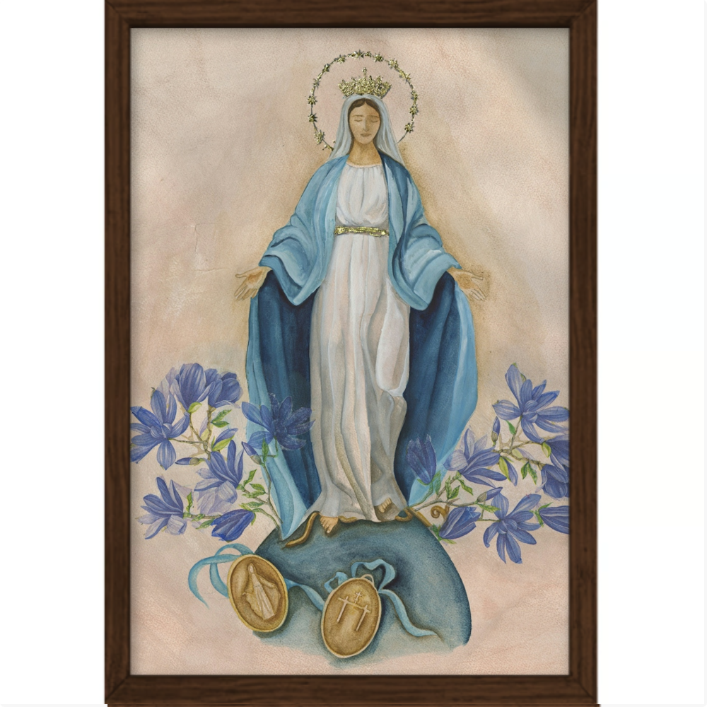 N. Senhora das Graças - Aquarela - Quadro tradicional com vidro acrílico