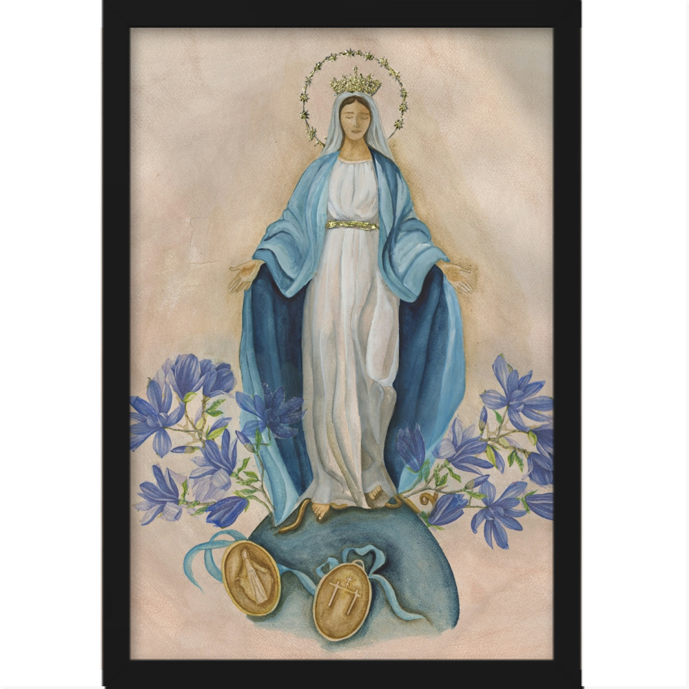 N. Senhora das Graças - Aquarela - Quadro tradicional com vidro acrílico